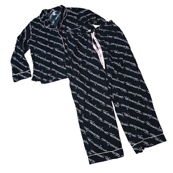 Victoria Secret Allover Signature Pink Black Pajama Set Women's Large - Picture 10 of 11